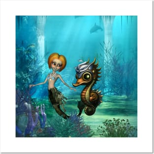 The friendship of the steampunk  mermaid and the seahorse. Posters and Art